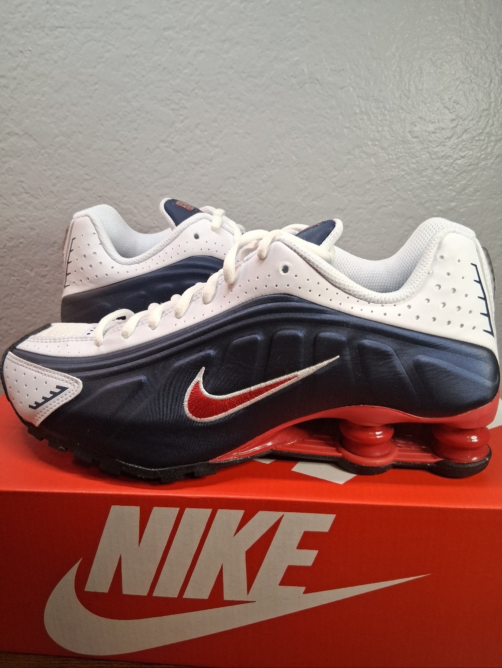 Nike Navy, White & Red Shox Low-Top Sneakers